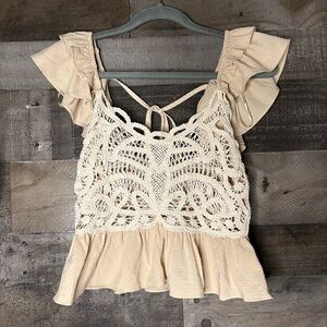 Crochet Accent Ruffle Sleeve Tank Top - Cream